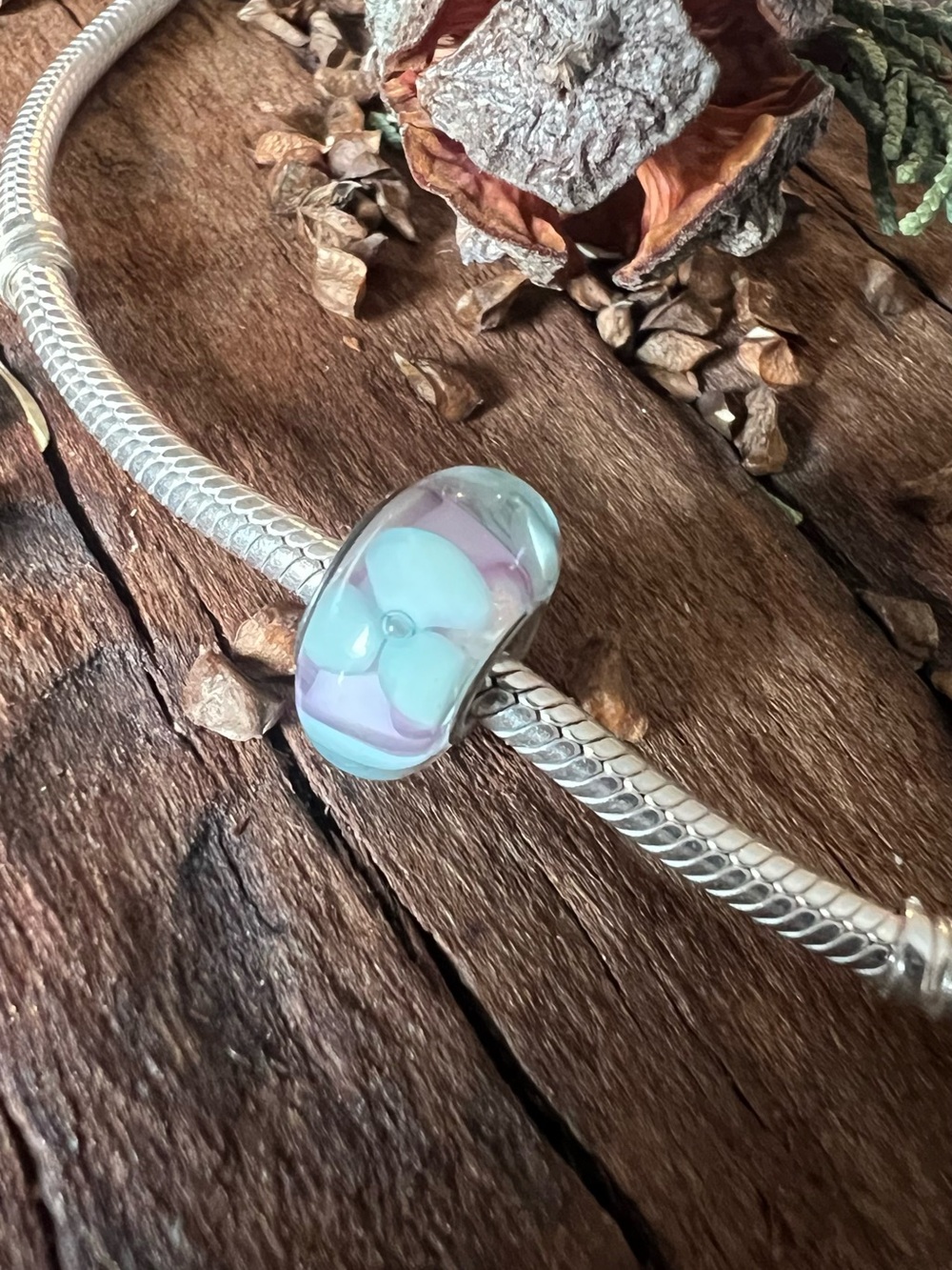 Chamilia Pastel Blue Pink Floral Murano Glass Charm Silver 925 Core Flower